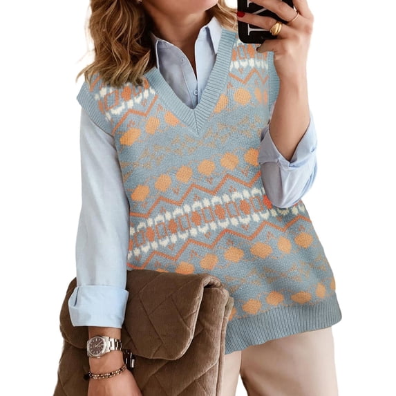 Asyoly Women Knit sweater Vest V Neck Color Block Vintage Sleeveless Sweater Pullover Oversized Knitwear Tank Top