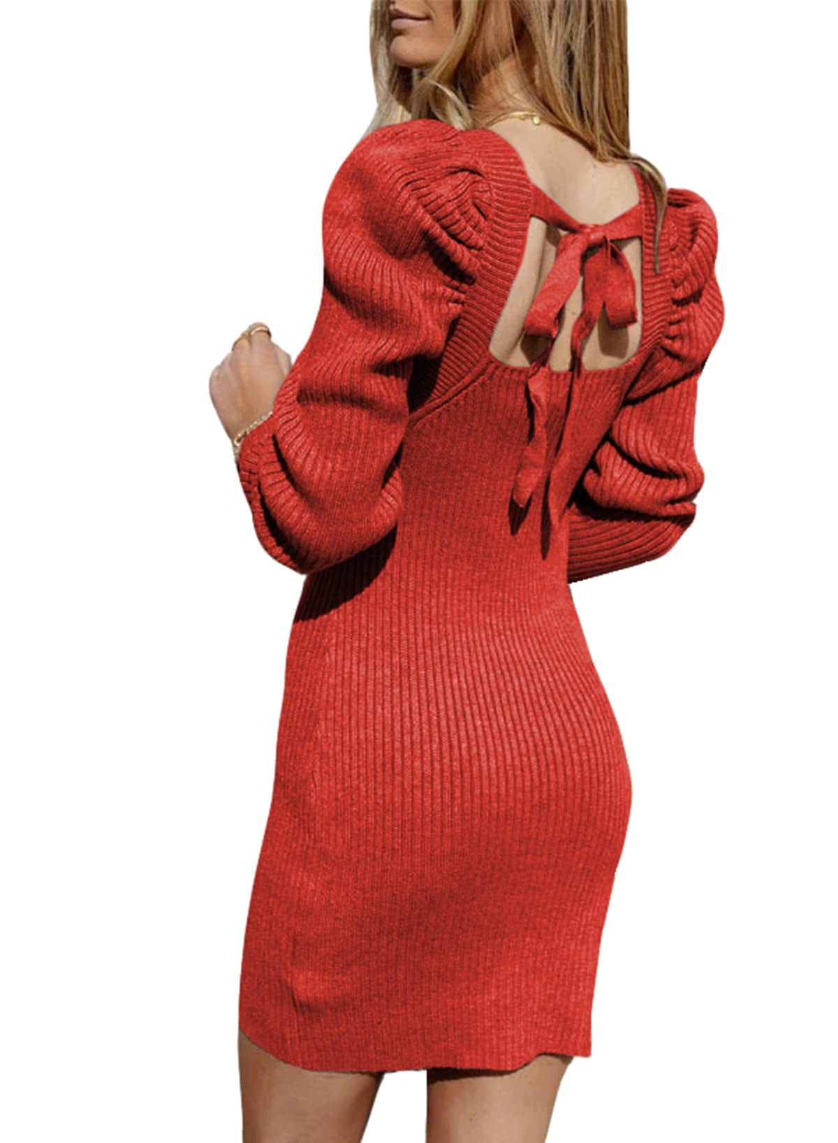 Asyoly Women Sexy Square Neck Knit Sweater Dress Bubble sleeve