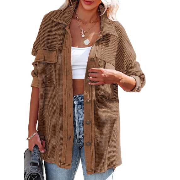 Asyoly Women's Corduroy Shirt Jacket Long Sleeve Button Down Solid Color Shacket Jacket Lightweight Oversized Casual Coat Loose Outwear With Pockets S-XXL