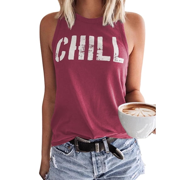 Asyoly Women's Summer Letter Print Tank Tops Casual Loose Sleeveless Shirts Round Neck Tees