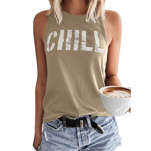 Asyoly Women's Summer Letter Print Tank Tops Casual Loose Sleeveless Shirts Round Neck Tees