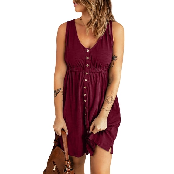 Asyoly Women's Summer V-Neck Dress Casual Sleeveless Mini Dresses Button Down Elastic Waist Swing Dresses