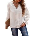 thumbnail image 1 of Asyoly Women's V Neck Puff Long Sleeve Lace Crochet Blouse Flowy Casual Shirts Swiss Dot Pom Pom Tops, 1 of 7