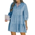 thumbnail image 1 of Asyoly Women's V Neck Tie Tiered Denim Dress 3/4 sleeve Casual Dress Babydoll Mini Dress A Line Dress, 1 of 5