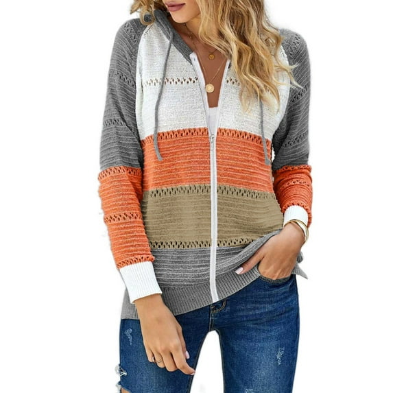 Asyoly Womens Casual Long Sleeve Knit Sweater Zip Up Hoodie Jacket Drawstring Color Block Sweatshirt