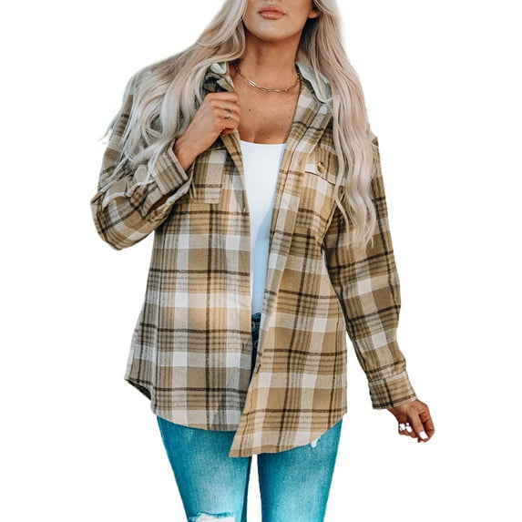Asyoly Womens Casual Plaid Hooded Shirts Jacket Long Sleeve Button Down Shacket Jackets Casual Loose Hoodie Coats