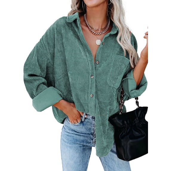 Asyoly Womens Corduroy Button Down Shirts Jacket Boyfriend Long Sleeve Solid Color Shacket Jacket Oversized Coats Casual Loose Tops with Pocket