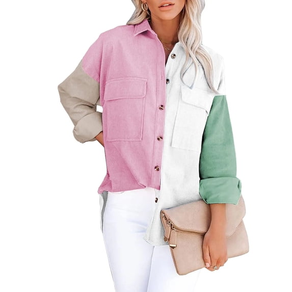 Asyoly Womens Corduroy Shirts Button Down Shacket Jacket Boyfriend Long Sleeve Color Block Oversized Blouses Tops With Pockets