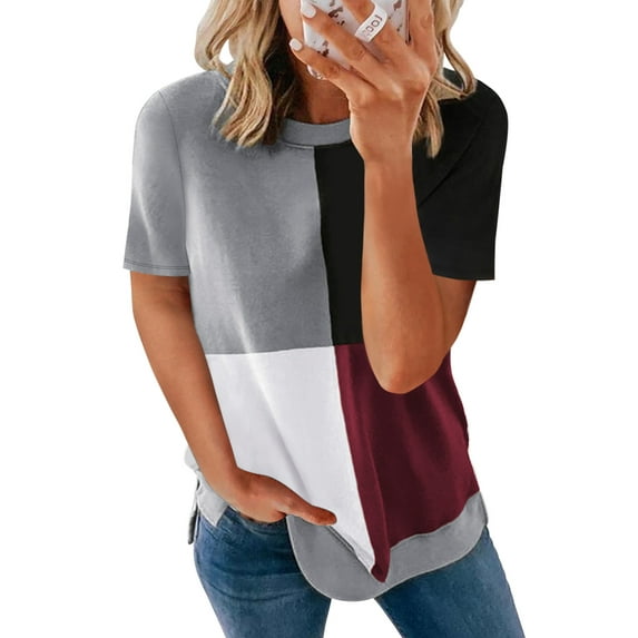 Asyoly Womens Cute Color Block Tshirt Summer Casual Crew Neck Side Split Short Sleeve Tee Shirt Tops S-2XL