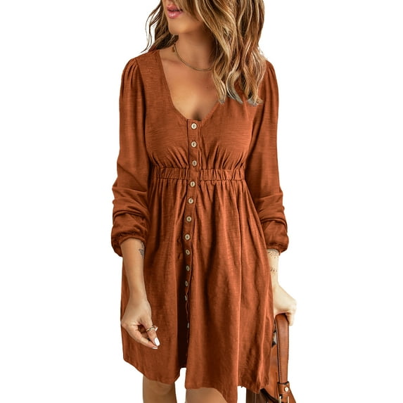 Asyoly Womens Dresses Long Sleeve A Line Dress Pleated Button Swing Mini Dress Solid Crewneck Elastic Waist Short Dress with Pocket