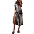 thumbnail image 1 of Asyoly Womens Dresses Summer Boho Striped Printed Tshirt Dress Short Sleeve V Neck Side Split Long Maxi Sundress, 1 of 4
