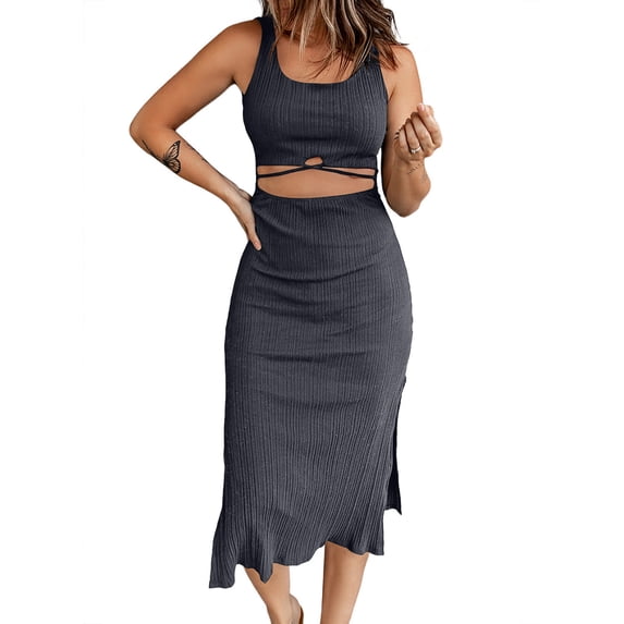Asyoly Womens Dresses Summer Cut Out Cross Hollow Out Bodycon Dresses Casual Sleeveless Scoop Neck Side Slit Midi Dress
