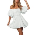 thumbnail image 1 of Asyoly Womens Dresses Summer Off Shoulder Dress Short Lantern Sleeve Ruffle Elastic Waist A-Line Casual Mini Dress, 1 of 6