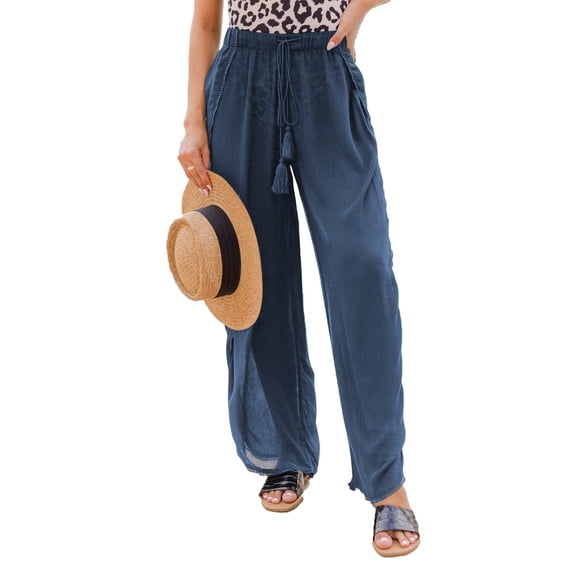 Asyoly Womens Elastic High Waist Split Thigh Wide Leg Wrap Beach Cover up Pants with Tassel