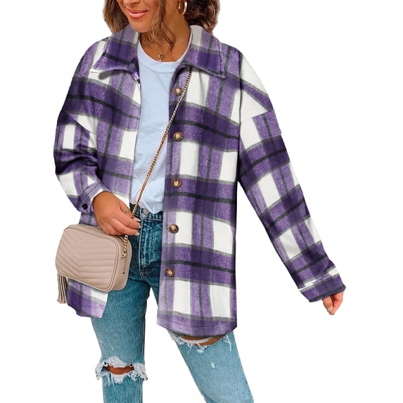 Asyoly Womens Flannel Plaid Shacket Jacket Long Sleeve Lapel Button Down Color Block Coat Boyfriend Outwear