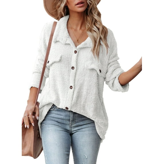 Asyoly Womens Fuzzy Fleece Jacket Long Sleeve Button Down Solid Color Lapel Oversized Keep Warm Coat Outerwear