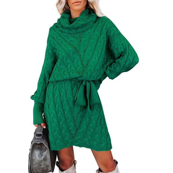 Asyoly Womens Knit Belt Turtleneck Sweater Dress Long Sleeve Solid Color Casual Winter Pullover Loose Jumper Dresses
