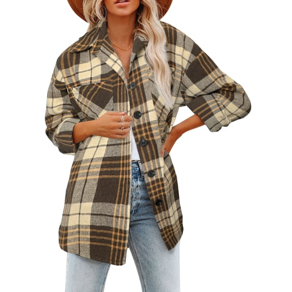 Asyoly Womens Plaid Shacket Jacket Button Down Long Sleeve Casual Shirts Jacket Oversized Coats Boyfriend Loose Outwear With Pockets