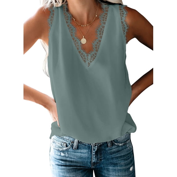 Asyoly Womens Sexy V Neck Lace Trim Camisole Casual Loose Sleeveless Cami Shirts Blouse Tank Top for Women