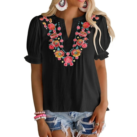 Asyoly Womens Summer Tops 2023 Boho Floral Embroidered Shirts V Neck Short Ruffled Puff Sleeve Black Blouse