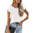 thumbnail image 1 of Asyoly Womens Tops Casual Short Ruffle Sleeve Top Round Neck Knit Striped Shirts Summer Loose T Shirts, 1 of 8