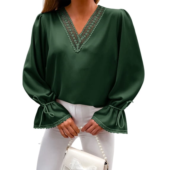 Asyoly Womens Tops Sex V Neck Lace Panel Long Sleeve Sweatshirt Pullover Top Elegant Solid Color Blouse