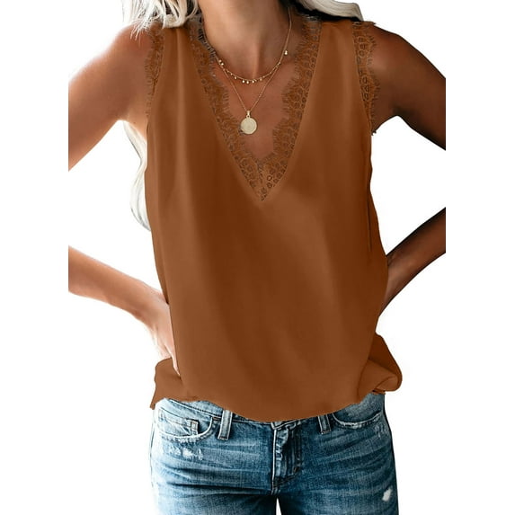 Asyoly Womens Tops Summer Lace Trim Tank Tops V Neck Fashion Casual Sleeveless Blouse Cami Shirts S-3XL