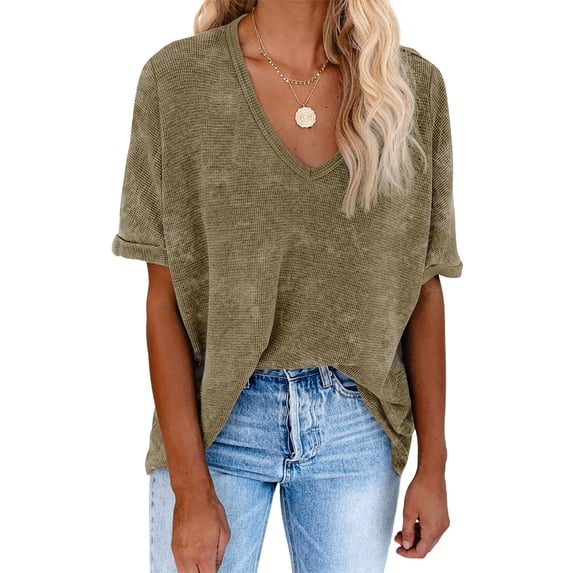 Asyoly Womens Tops Summer Plus Size V Neck Shirts Short Sleeve Waffle Knit Shirts Cotton T Shirts Solid Color Loose Tee Blouse