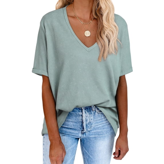 Asyoly Womens Tops Summer Plus Size V Neck Shirts Short Sleeve Waffle Knit Shirts Cotton T Shirts Solid Color Loose Tee Blouse