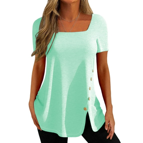 Asyoly Womens Tops Summer Short Sleeve Square Neck Blouse Casual Tunic Tops Loose Fit T Shirts