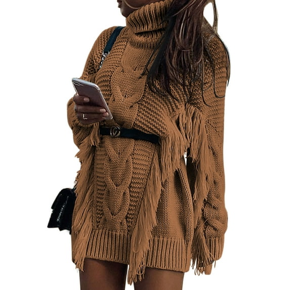 Asyoly Womens Winter Turtleneck Pullover Sweater Dress Ribbed Cable Knit Tassel Sweater Jumper Dress