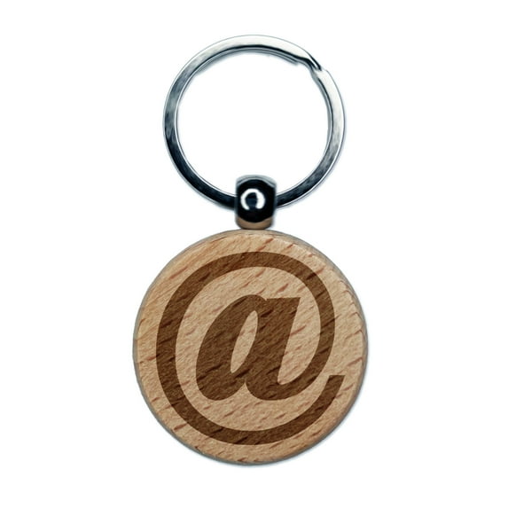 At Email Symbol Round Keychain Charm Tag - Engraved Wood