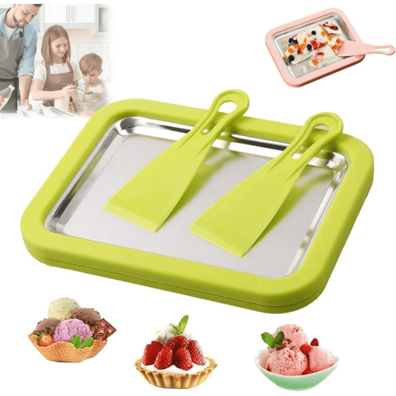 At-Home Rolled Ice Cream Kit, Portable Instant Rolled Icecream Maker Machine Tray, DIY Freeze Dessert Board with 2 Scrapers, Stainless Steel Ice Cream Maker Tray for Fun Freezer Desserts(green)