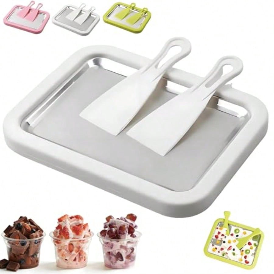 At-Home Rolled Ice Cream Maker Kit Instant Freeze Plate with 2 Scrapers Instant Gelato Pan/Roll Homemade DIY for Fun Parent-Child Activities Families White