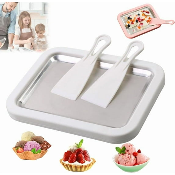 At-Home Rolled Ice Cream Maker Kit, Portable Instant Rolled Icecream Maker Machine Tray, DIY Freeze Dessert Board with 2 Scrapers, Stainless Steel Ice Cream Makers Tray for Fun Freezer Desserts