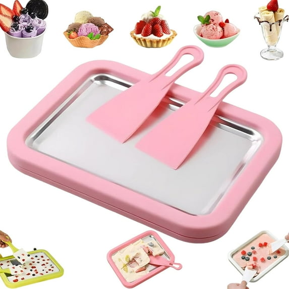 At-Home Rolled Ice Cream Maker Kit, Rolled Ice Cream Tray, Portable Instant Rolled Icecream Maker Machine Tray, Instant Freeze Plate with 2 Scrapers, for Yogurt Sorbet (Pink)