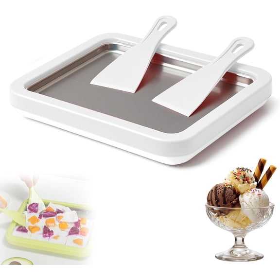 At- Rolled Ice Cream Maker Kit, Freeze Plate with 2 Scrapers, DIY Ice Cream Roll Tray for & Adults, Homemade Gelato, Sorbet & Frozen Yogurt, Stainless Steel Dessert Maker (White)