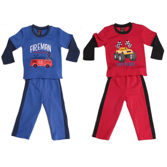 At The Buzzer Boys Two Piece Fleece Set (Pack of 2) (Blue - Fireman and Red - Truck, Boys 12 Months)
