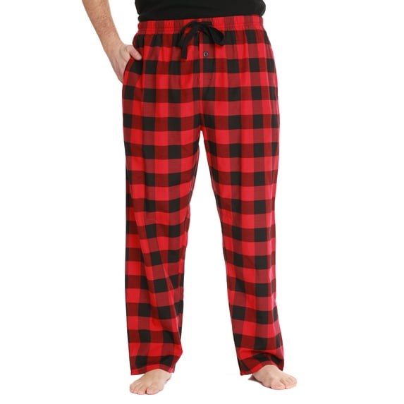 At The Buzzer Mens Solid Poplin Pajama Pants with Pockets (Black Red Buffalo Plaid, Large)