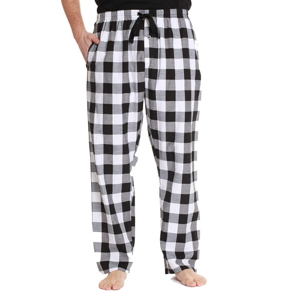At The Buzzer Mens Solid Poplin Pajama Pants with Pockets (Black White Buffalo Plaid, X-Large)