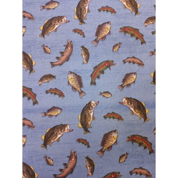 At The Lake Fish Blue Cotton Fabric