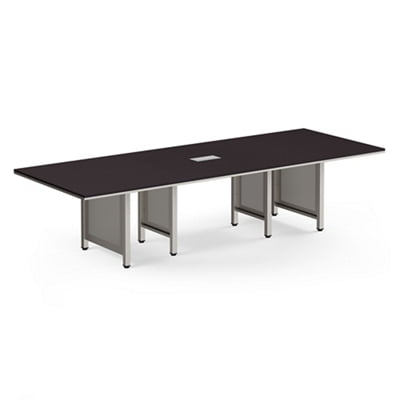 At Work Expandable Conference Table with Espresso Laminate Top and Brushed Nickel Painted Steel Leg with Modesty Panel for Modern Offices