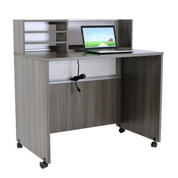 NBF Modern Reception Desk with Counter Station - Mobile Standing Height Checkout Counter - Front Desk with Laminate Finish - Durable Welcome Desk with 3 Shelves Hutch (48"W x 30"D, Gray)