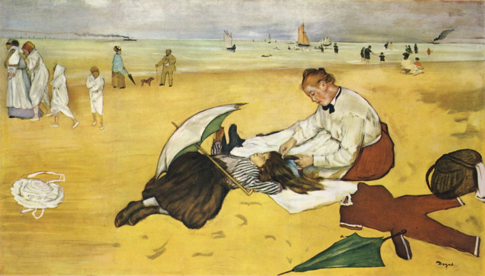 At the Seaside girl having hair combed c1876 Canvas Art - Edgar Degas (18 x 24)