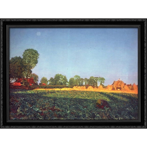 At the grain harvest 38x28 Large Black Ornate Wood Framed Canvas Art by Ford Madox Brown