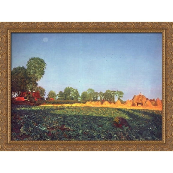 At the grain harvest 38x28 Large Gold Ornate Wood Framed Canvas Art by Ford Madox Brown