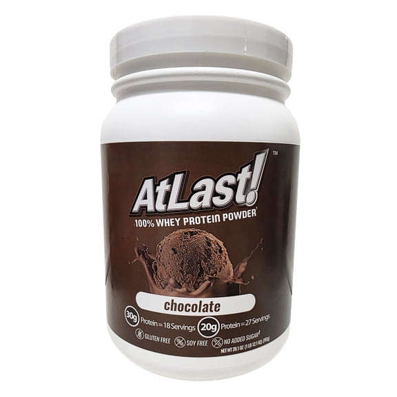 AtLast! 100% Whey Protein Powder, Chocolate, 20g Protein, 100 Calories, 3g Net Carb, No Added Sugar, 27 Servings, 28.1 oz