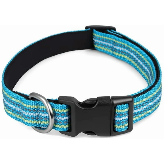 AtPet Soft Nylon Adjustable Reflective Dog Collars with Heavy Duty Metal D Ring,Blue, Small