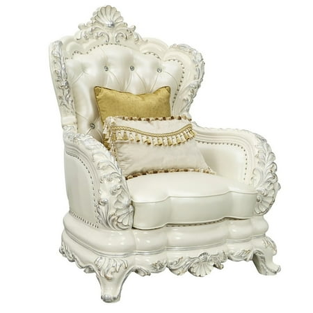 Ataa 41 Inch Traditional Chair, Floral Carvings, Vegan Faux Leather, White