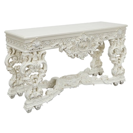 Ataa 69 Inch Rectangular Sofa Table, Ornate Floral Carved Legs, White